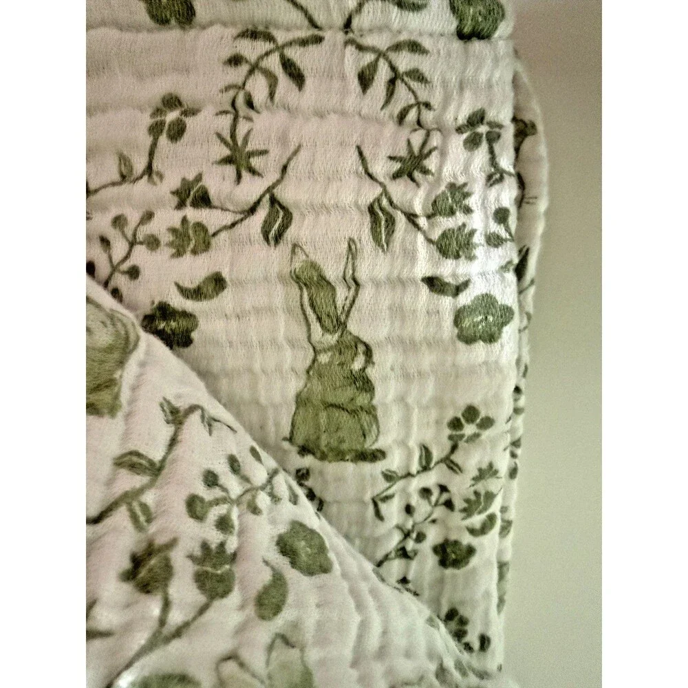 Bunny Tails Set Of 2 Green Bunny Floral Kitchen Dish Towels 100% Cotton Gauze
